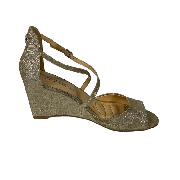 American Glamour Badgley Mischka Gold Glitter Dressy Strappy Wedge Sandals Sz 7 - Picture 7 of 14